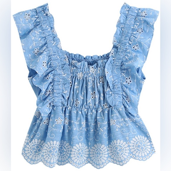 Zara Tops - Zara Openwork Embroidered stop - Blue Eyelet